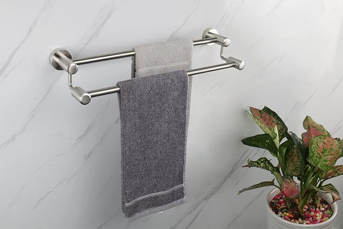 TocTen Double Bath Towel Bar - Thicken SUS304 Stainless Steel Towel Rack for Bathroom, Bathroom Accessories Double Towel Rod Heavy Duty Wall Mounted Towel Holder (Brushed Nickel, 16 in)