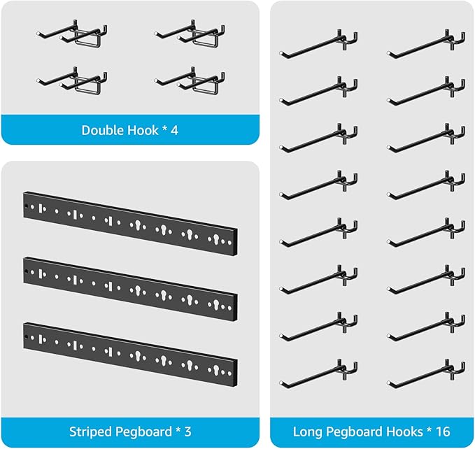 CCCEI 3 Modular Pegboard Strip Storage, Metal Peg Slat Wall Mount for Garage, Basement, Garden, Laundry Room Organization. Flexible Tool Organizer for Rake, Shovels, Crafting. Gifts for Men, Black.-NeatNest