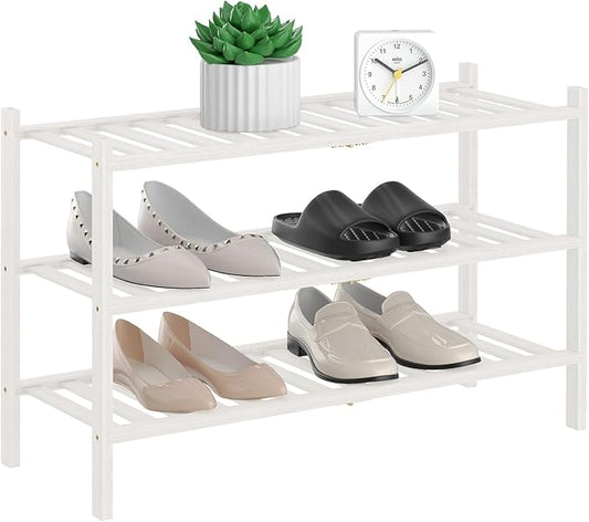 Shoe Rack, 3 Tier Bamboo Shoe Rack for Closet, Stackable Wooden Shoe Organizer, Free Standing Wood Shoe Shelf for Entryway Small Space, 27" x 11" x 21", White-NeatNest