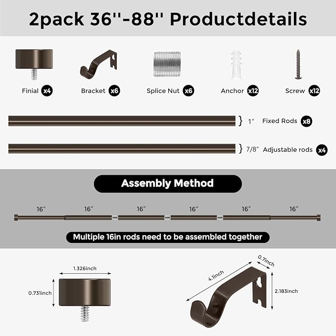 2 Pack Curtain Rods for Windows 48 to 84 Inch(4-7 Feet),Bronze 1'' Diameter Drapery Rods with End Cap Style Design,Modern Adjustable Heavy Duty Curtain Rod,Size:36''-88''