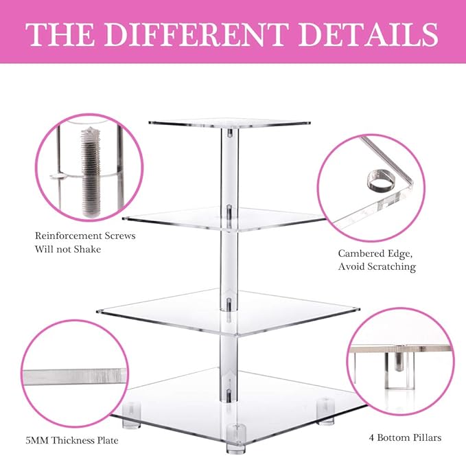 Cupcake Stand – Premium Cupcake Holder – Cady Bar Party Décor – 4 Tier Acrylic Tower Display for Pastry + LED Light String – Ideal for Weddings, Birthday (Pink Light)-NeatNest