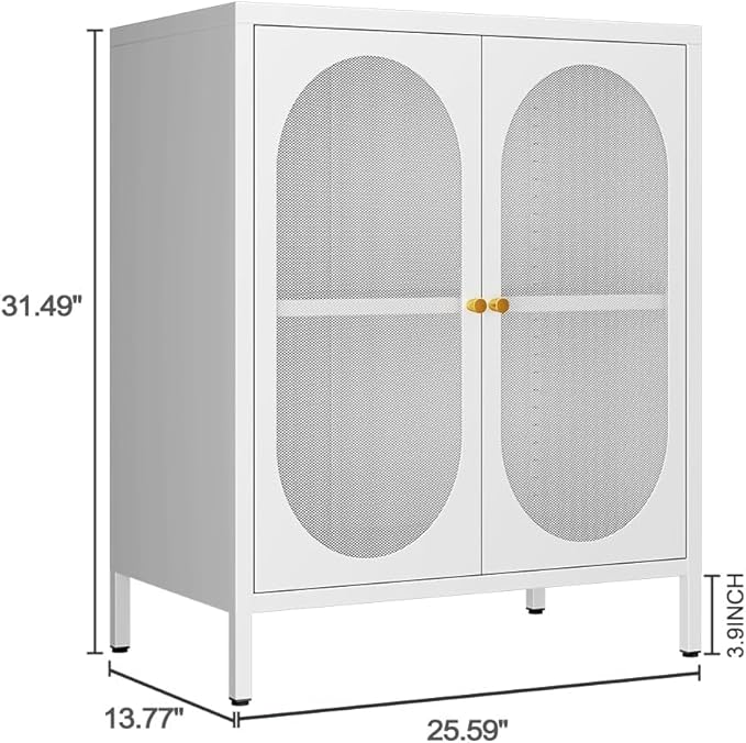 2 Door Accent Cabinet,Metal Storage Cabinet with Adjustable Shelf,Buffet Sideboard for Bed Room,Living Room,Entryway,Hallway,Home,Hotel,Office,Garage,Kitchen,1 Removable Shelf. (Mesh Door, White)