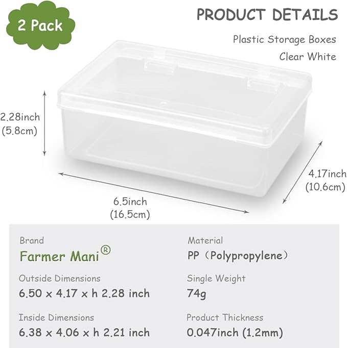 2 Pack Rectangle Small Storage Containers Box 6.5 x 4.17 x 2.28 inch, Clear Plastic Storage Containers Box for Collecting Small Items, Beads, Game Pieces, Business Cards, Crafts Accessories-NeatNest