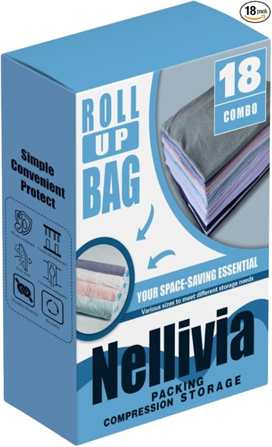 18 Pack Compression Bags for Travel, Roll Up Space Saver Bags for Clothes Storage, Compact Packing travel organizer for Luggage, Suitcase, Backpack, No Pump or Vacuum Needed-NeatNest