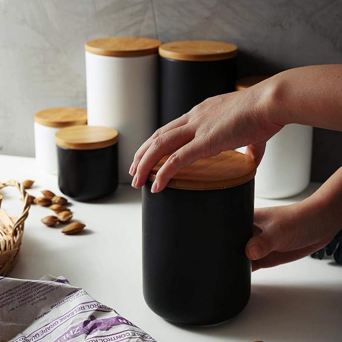 jessie Ceramic Storage Containers with Airtight Seal Bamboo Lids Kitchen Canisters for Tea Spice Seasoning Sugar Coffee (black, 260ml/9 oz)