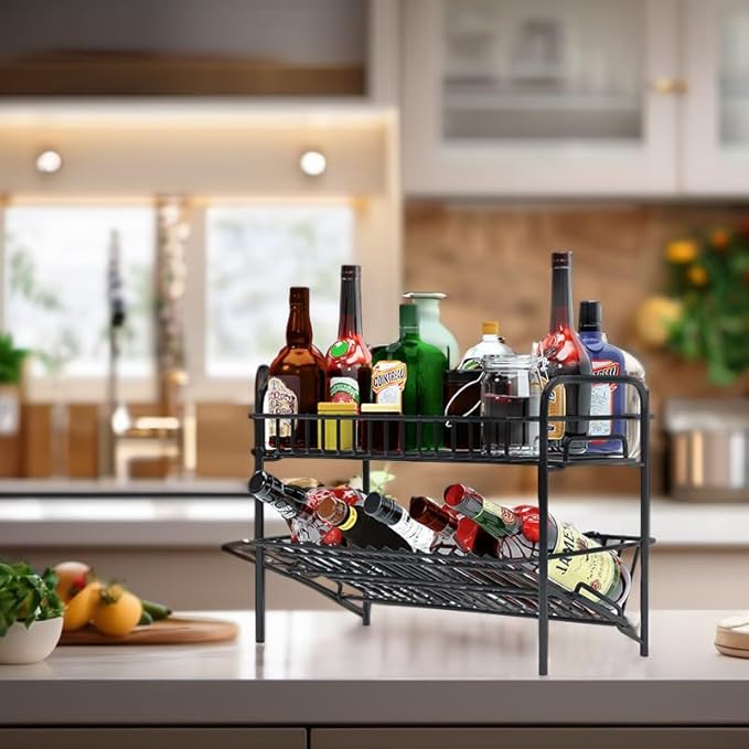 HengLiSam Spice Rack Organizer for Countertop, Heavy Duty Full Solid Metal Kitchen Shelves, 2 Tier Liquor Shelves Freestanding Holder Storage for Kitchen Cabinet Pantry Bottle Rack for Bathroom, Black-NeatNest