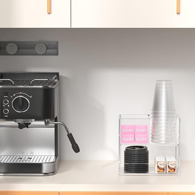 Coffee Condiment and Cup Organizer - 2-Tier Upright Cup and Lid Holder with Straw Organizer 3 Compartments Clear Acrylic Cup Dispenser for Restaurant Breakroom Coffee Station Countertop-NeatNest