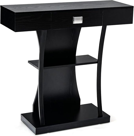 Giantex Narrow Console Table T-Shaped - Behind Couch Table with Drawer, Shelves, Dual Anti-Tipping Kits, Modern Foyer Table, Sofa Side Table for Living Room, Entryway, Hallway, Entry Table (Black)-NeatNest