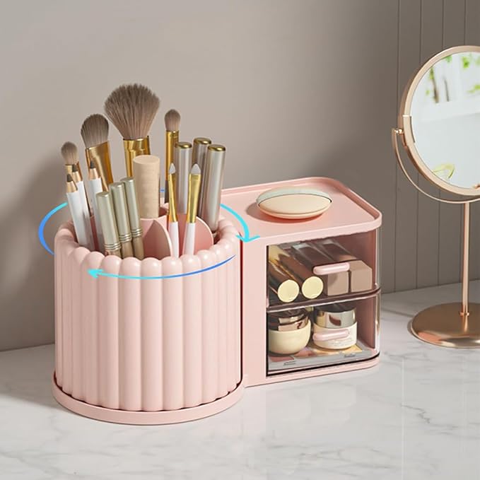 Makeup Organizer Countertop,360 Rotating Makeup Brush Holder With 2 Drawers,Small Preppy Organizer |9.25x5.11inch|Pink-NeatNest