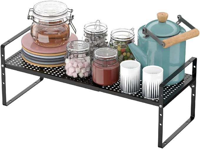 Expandable Counter Shelf, Adjustable Height Spice Rack Metal Mesh Board Shelf Organization for Kitchen Pantry Bathroom Office -Black-NeatNest