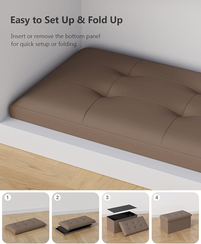 Folding Storage Ottoman Bench, Multi-Functional Ottoman Footrest, End of Bed Bench, Storage Chest for Living Room, Bedroom, Hallway, Entryway, Holds Up to 700 lbs (Brown, 30 Inches)