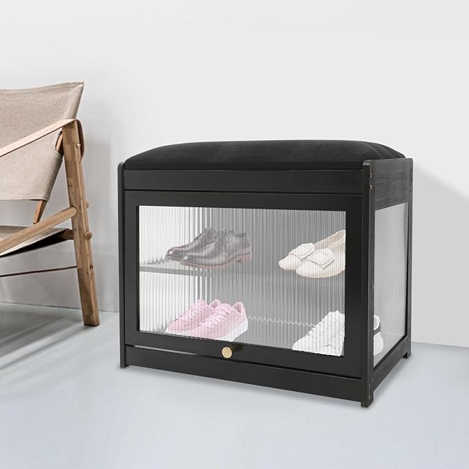 Eapmic Shoe Storage Bench, Entryway Shoe Rack Bench with Padded Seat Cushion, 2-Tier Shoe Cabinet, Bamboo Shoe Organizer for Hallway Bedroom Living Room Front Door (Black, 19.69 * 12.6 * 17.32in)