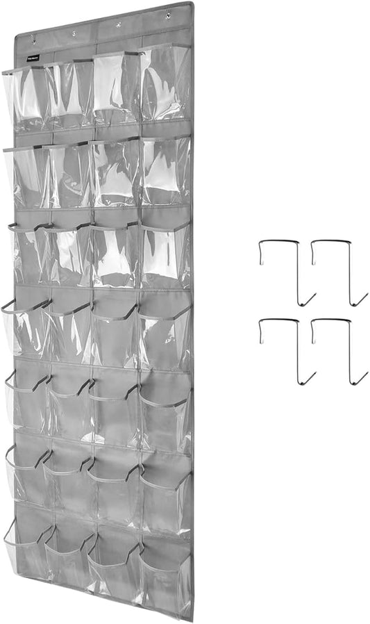 28 Large 1 Pack Transparent Pockets Over The Door Shoe Organizer Sturdy Hanging Shoe Rack for Door Closet Sneakers or Accessories, 4 hooks（Grey）-NeatNest