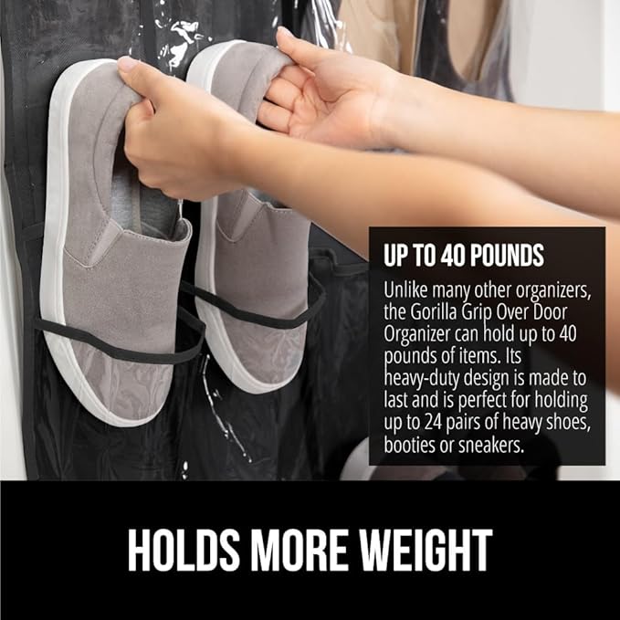GORILLA GRIP Over the Door Shoe Organizer, 24 Large Breathable PVC Pockets, Space Saving Hanging Storage Holder, Closet Rack Hanger Holds Up to 40 lbs, Hangs on Closets for Shoes 2 Pack, Black-NeatNest