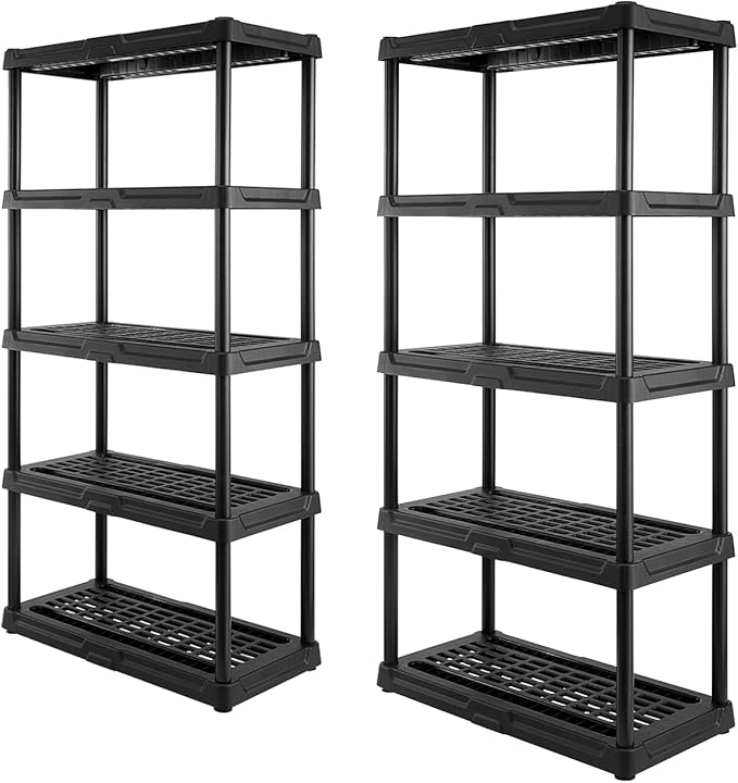 CX 5-Tier (72”H x 36”W x 18”D) Plastic Storage Shelving Unit (Black) 2 Pack, Heavy Duty, 150lbs Per Shelf Capacity, Indoor/Outdoor Storage Organization in Home, Garage, Office, Easy Assembly-NeatNest
