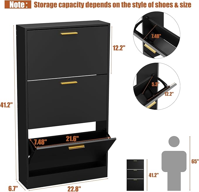 JOZZBY Shoe Cabinet Storage with 3 Flip Drawers for Entryway, Black Slim Freestanding Modern Narrow Shoe Organizer Rack Cabinet for Hallway, Living Room-NeatNest