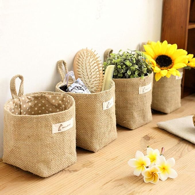 6 PCS Mini Hanging Storage Bags, Anberky Cotton Linen Small Storage Basket Wall Hanging Organizer Box Wall Mounted Storage Pocket Collapsible Decor Bin Bag with Handle for Wall Door Closet (#A)-NeatNest