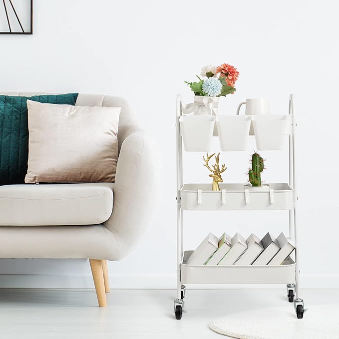 danpinera 3-Tier Rolling Cart, Metal Rolling Storage Cart with Lockable Wheels & Hanging Cups & Hooks, Mobile Trolley Cart for Kitchen, Bathroom, Office, Workshop, White-NeatNest