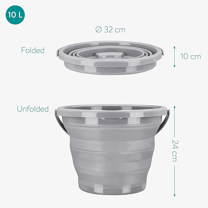 Navaris Collapsible Bucket with Handle - 1.3 Gallon (5L) Portable Pail for Camping, Beach, Gardening, Fishing, Water, Washing - Gray