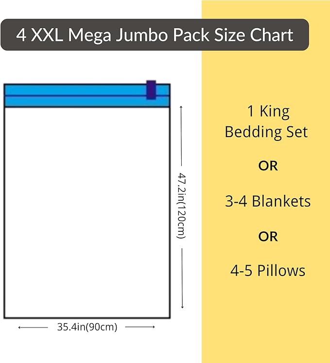 4 Mega Jumbo XXL Vacuum Storage Bags with Pump (47x35in), Supersized Compression Space Saver for Comforter, duvet, Bedding, Blanket storage, Vacuum Seal Bags for Clothing, Stuffed Toy, Cushions-NeatNest