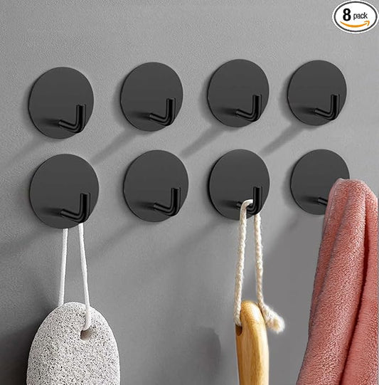 8 Pack Adhesive Towel Hooks for Bathroom, Stick on Hooks Bathroom Kitchen for Walls No Damage, Sticky Hook for Hanging Coat Robe, Black
