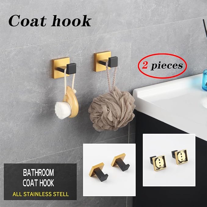 GERZWY Bath Single Coat Hook Stainless Steel Wall Mounted Robe Clothes Hook for Bathroom Modern Style (Black & Gold) FG1607-2BD