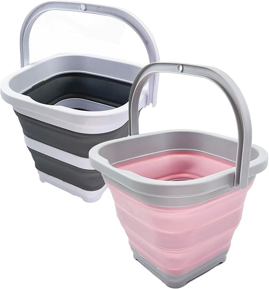 SAMMART Collapsible Rectangular Cleaning Bucket 5L (1.3 Gallon)- Foldable Camping Beach Sand Water Pot Pail- Portable Space Saving Tub for Household, Outdoor Car Washing (Grey + Pale Pink (Set of 2))-NeatNest