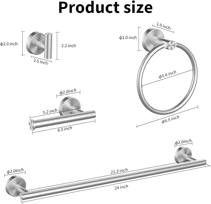 Cilee 8 Piece Brushed Nickel Bathroom Hardware Set, 24inch Bathroom Towel bar+Towel Ring+Toilet Paper Holder+ Robe Towel Hook, SUS304 Stainless Steel Bathroom Accessory Set-NeatNest