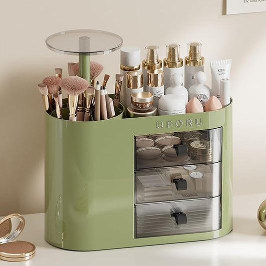 Makeup Organizer with Drawers for Vanity, 4 Slot Brush Holder with One Touch Open,Spacious Cosmetic Storage for Dresser Vanity and Bathroom Countertop, Beauty Holder for Lipstick Skincare(Green)-NeatNest