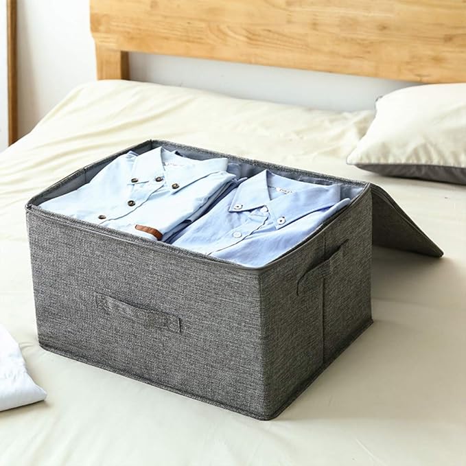 ANMINY 2PCS Storage Bins with Zipper Lids 36 Qt Lidded Fabric Storage Boxes Baskets Cubes with Handles Collapsible Washable Cotton Linen Closet Shelf Clothes Organizer Containers - Gray, Large-NeatNest
