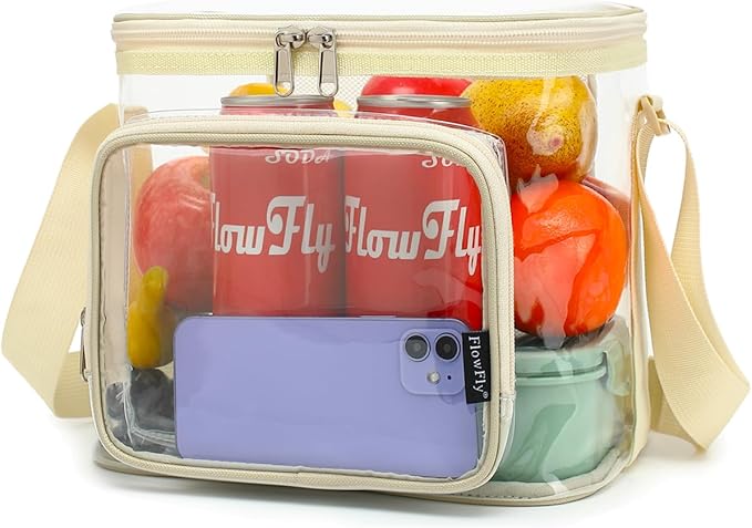 FlowFly Insulated Reusable Lunch Bag Adult Large Lunch Box for Women and Men with Adjustable Shoulder Strap,Front Zipper Pocket and Dual Large Mesh Side Pockets,Clear#Biege-NeatNest