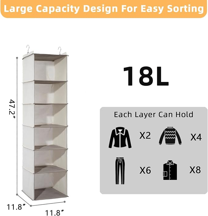 2 Packs Hanging Closet Organizer, 6-Shelf Closet Organizers and Storage with Side Pockets, Collapsible Hanging Shelves for Closet & RV & College Dorm,Beige-NeatNest