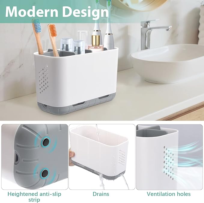 Boperzi Toothbrush and Toothpaste Holder Drainage for Bathroom Countertop with Adjustable Dividers, Large Toothpaste Caddy Organizer Storage Rustic Decor Set Anti-Slip for Shower,Family,Kids Gray-NeatNest