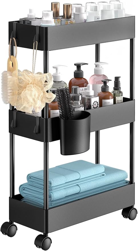 Pipishell Slim Storage Cart with Wheels - 3 Tier Bathroom Organizers and Storage Cart - Rolling Carts for Bathroom, Kitchen, Narrow Space, Laundry Room,Black-NeatNest