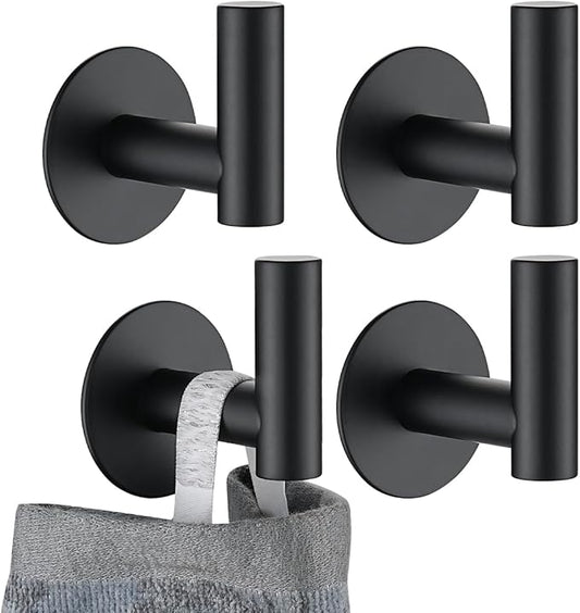 JQK Self Adhesive Towel Hook Black, No Drill Stick on Coat Robe Clothes Wall Hook for Bathroom Kitchen Garage 2 Pack, 304 Stainless Steel Matte Black, ATH110-PB-P4