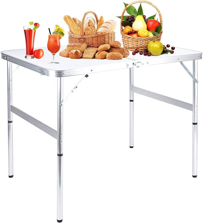 Folding Camping Table 3 Ft Portable Picnic Table Foldable 2 Height Adjustable Aluminum Camp Table Outdoor for Card BBQ White 35.5×23.6×26 inch-NeatNest