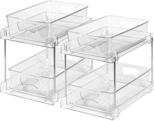 2 Pack Clear Bathroom Organizers and Storage, 2 Tier Pull Out Under Sink Cabinet Organizer Plastic Drawer Organization and Storage for Bathroom and Kitchen-NeatNest