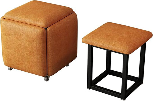 Small Square Pouf Foot Stool Ottoman 5 in 1 Nesting Poufs Cube Chair Stackable Sofa Chair Foot Rest Cube Seating Poufs Upholstered Metal Frame Foot Rest Bench for Couch, Dining Room, Bedroom