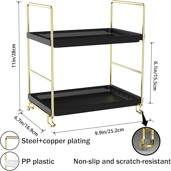 FSyueyun 2-Tier Bathroom Countertop Organizer, Tool-Less Installation Premium Plastics Makeup Shelf Organizer Perfume Skincare for Dresser Vanity Tray Organizers and Storage (Gold & Black)-NeatNest