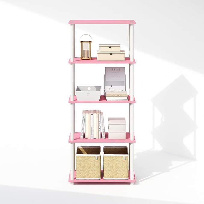 Furinno Turn-N-Tube 5-Tier Multipurpose Compact Bookcase, Pink/White-NeatNest