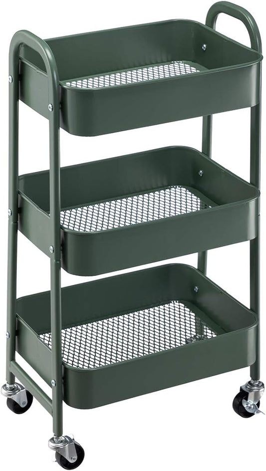 AGTEK Movable Rolling Organizer - 3 Tier Metal Storage Cart, Green-NeatNest