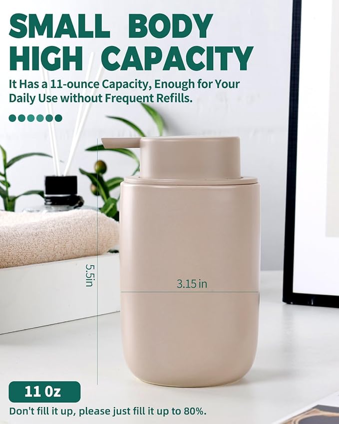 BosilunLife Foam Soap Dispenser - Ceramic Foaming Hand Wash Dispenser for Bathroom Modern Farmhouse Small Soap Dispenser Lotion Hand Pump Dispenser for Kitchen Sink (Khaki, Foam Pump)-NeatNest