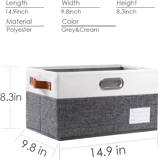 PRANDOM Foldable Storage Bins with Handles [3-Pack] Fabric Collapsible Storage Boxes Baskets Cubes Containers with Handles for Closet Living Room Bedroom (Grey & White 14.9x9.8x8.3'')-NeatNest