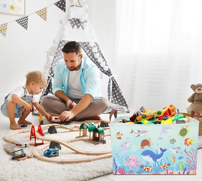 CLOCOR Rectangular Storage Basket,Collapsible Fabric Storage Container,Waterproof stoarge Bin with Handles,Gift Basket(Under The Sea)-NeatNest