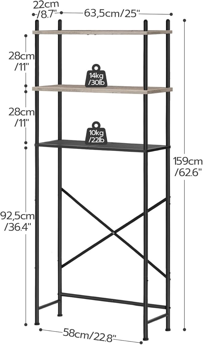 HOOBRO Over The Toilet Storage, 3-Tier Over Toilet Bathroom Organizer, Freestanding Above Toilet Shelf with Adjustable Feet, Space Saving, Easy Assembly, Greige and Black BG63TS01