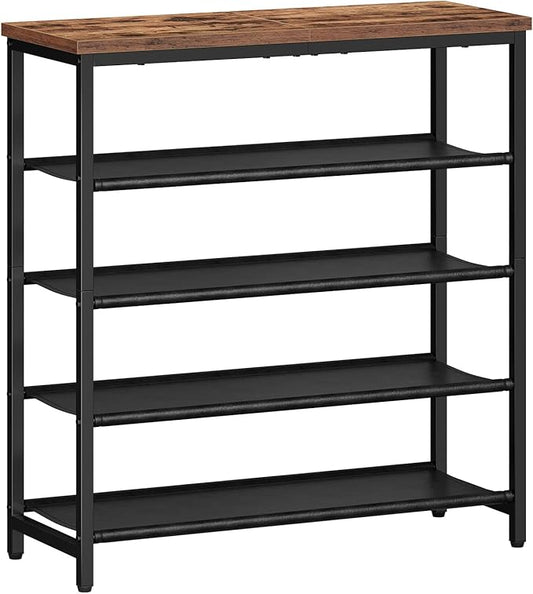 HOOBRO Shoe Rack with 4 PU Shelves, 5-Tier Shoe Storage Organizer for Closet and Entryway, Holds 12-16 Pairs of Shoes, Sturdy Metal Frame, Small Spaces, Rustic Brown and Black BF95XJ01-NeatNest