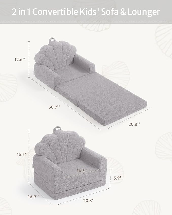 Blissful Diary Foldable Toddler Couch, 2-in-1 Comfy Toddler Chair & Lounger for Reading, Nap, Playroom, Kids Couch Sofa for 1 2 3+ Year Old Girls Boys Baby Birthday Gift, Gray Shell-NeatNest
