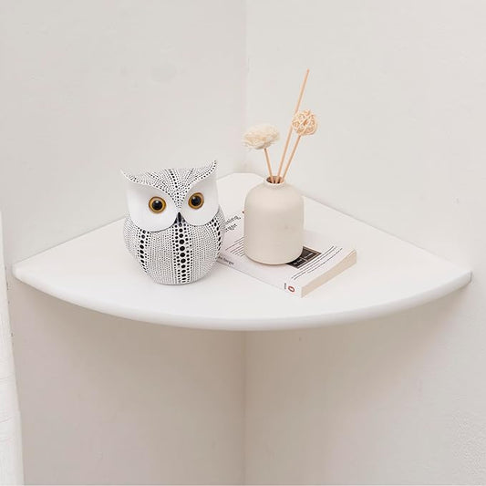 Corner Shelf, White Solid Oak Wood Floating Corner Shelf Wall Mount Round End Floating Speaker Shelf Display Shelf for Small Plant Photo Frame (White, 16in)-NeatNest