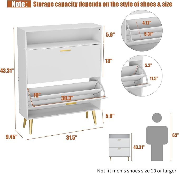 JOZZBY Shoe Cabinet for Entryway, White Narrow Shoe Storage Cabinet with 2 Flip Drawers, Freestanding Hidden Shoe Rack Storage with Open Shelves for Hallway, Living Room-NeatNest