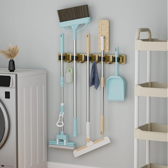 Broom Holder Wall Mount Mop and Broom Hanger Wall Mounted Garage Storage Rack Kitchen Garden Tool Organizer (5 Racks with 4 Hooks, Bronze)-NeatNest